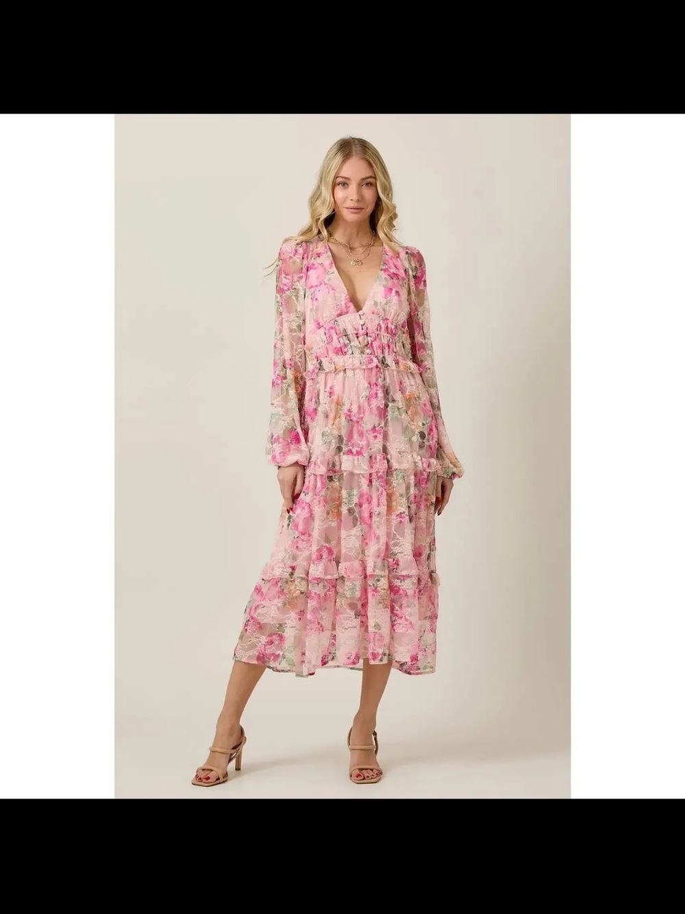 Pink Floral V-Neck Tiered Midi Dress with Long Sleeves